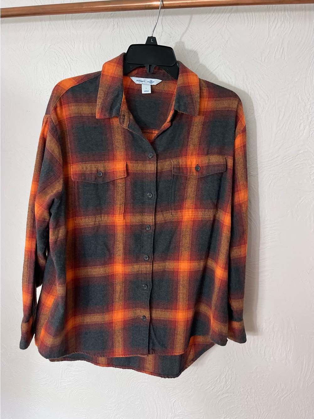 Old Navy Plaid Boyfriend Shirt in Orange and Dark Gray